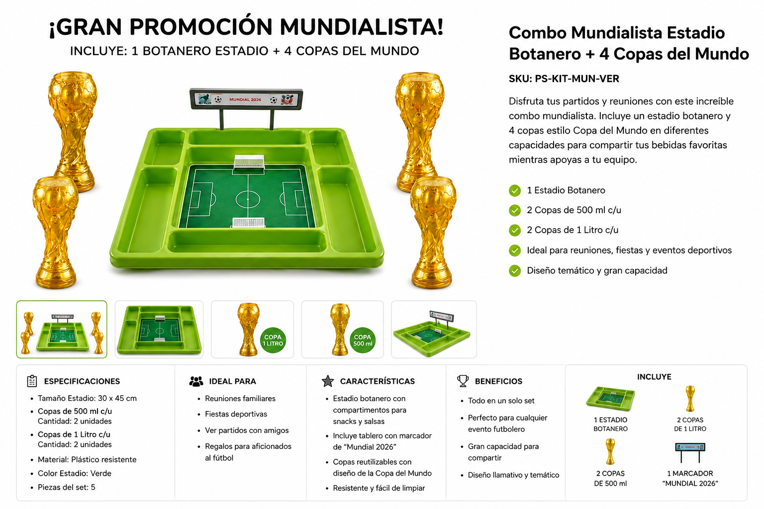Combo Mundialista Estadio Botanero Verde + 4 Copas Copa del Mundo (2x500ml + 2x1L)