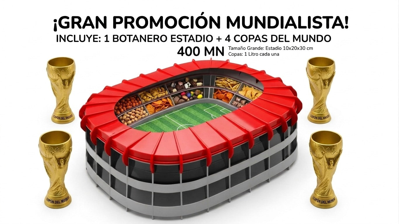 Combo Mundialista Premium – Estadio Botanero + 4 Copas del Mundo 1L